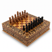 Wood Marquetry Chess Set — Star & Diamond Border with Hand-Carved Brown & Black Pieces, Full Set