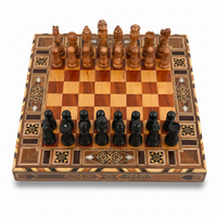 Wood Marquetry Chess Set — Star & Diamond Border with Hand-Carved Brown & Black Pieces, Full Set