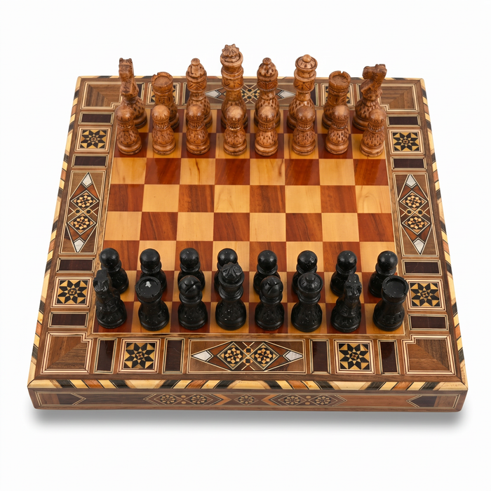 Wood Marquetry Chess Set — Star & Diamond Border with Hand-Carved Brown & Black Pieces, Full Set