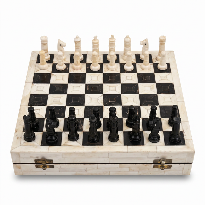 Camel Bone Chess Set — Ivory & Black Inlaid Board with Hand-Carved Bone Pieces, Full Set