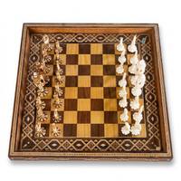 Wood Marquetry Chess Set — Two-Tone Playing Field with Hand-Carved Camel Bone Pieces, Full Set