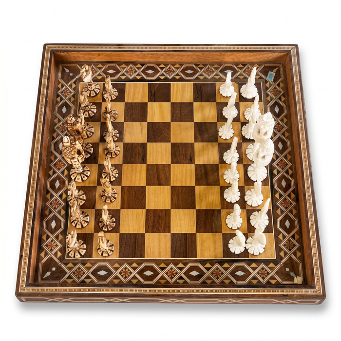 Wood Marquetry Chess Set — Two-Tone Playing Field with Hand-Carved Camel Bone Pieces, Full Set