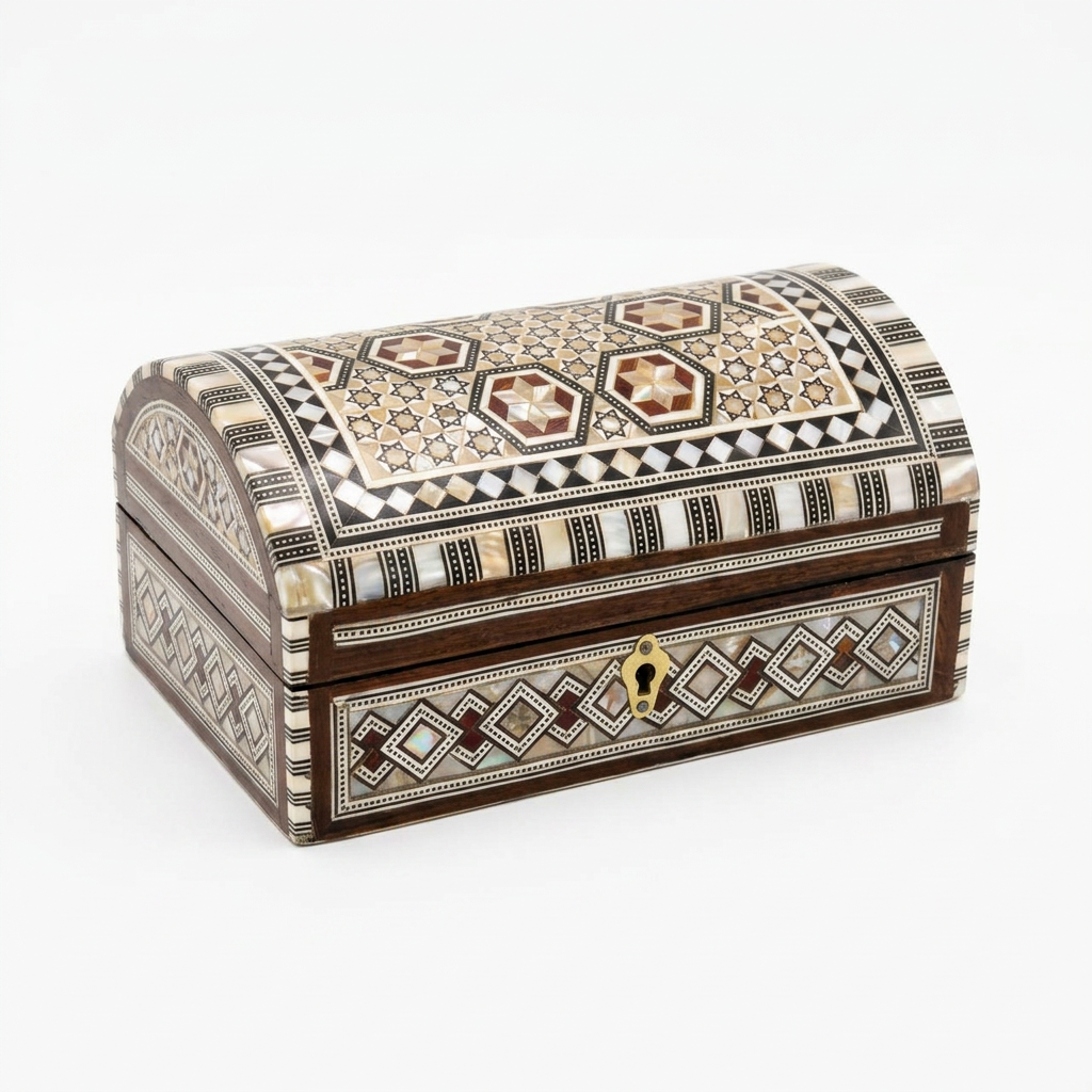 Domed Trunk Jewellery Box — Camel Bone & Mother of Pearl Micro-Mosaic with Brass Keyhole