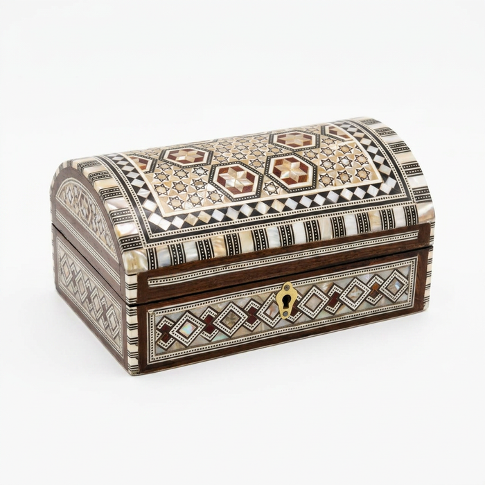 Domed Trunk Jewellery Box — Camel Bone & Mother of Pearl Micro-Mosaic with Brass Keyhole