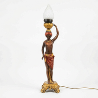 Orientalist Figural Torchère Lamps — Polychrome Bronze Male & Female Pair with Frosted Glass Flame Shade
