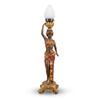 Orientalist Figural Torchère Lamps — Polychrome Bronze Male & Female Pair with Frosted Glass Flame Shade
