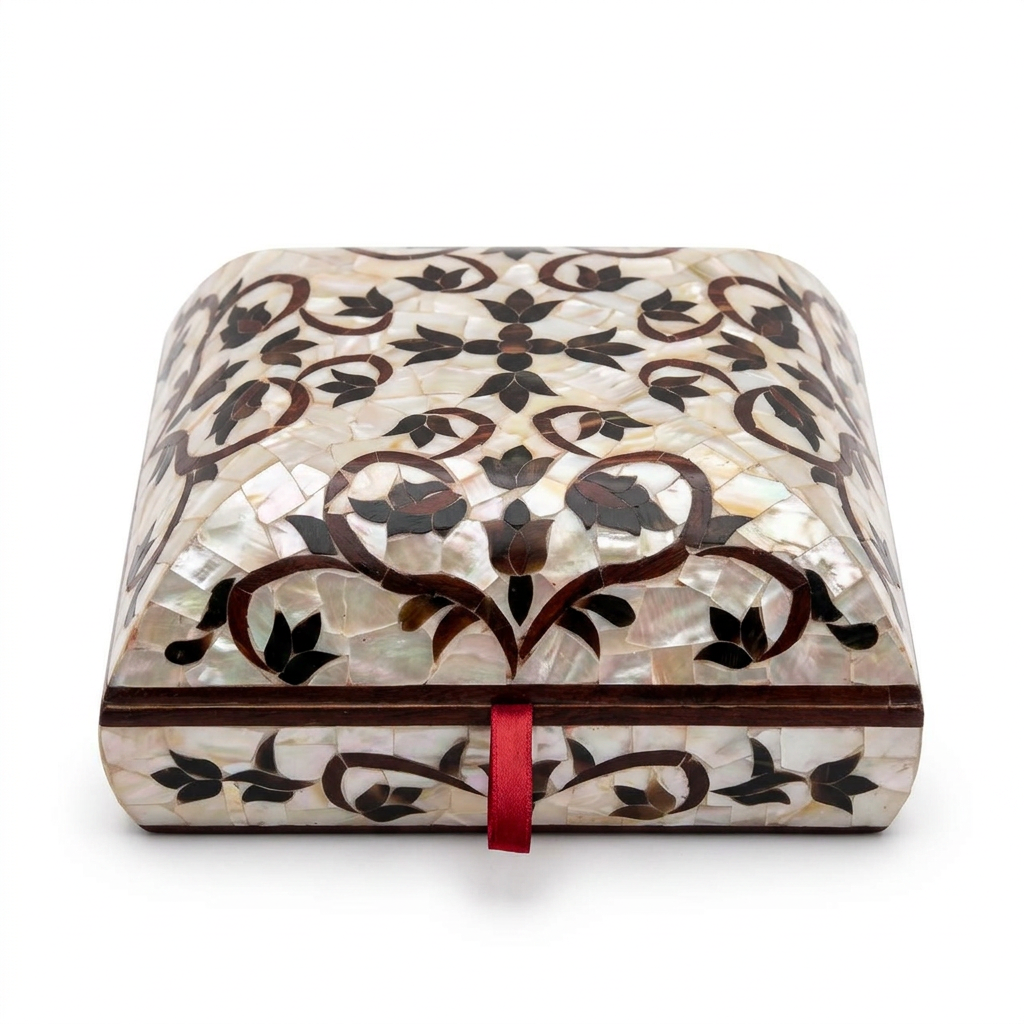 Square Mother of Pearl & Wood Inlay Jewellery Box — Floral Arabesque with Red Ribbon Pull
