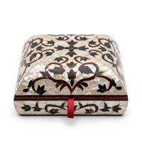 Square Mother of Pearl & Wood Inlay Jewellery Box — Floral Arabesque with Red Ribbon Pull