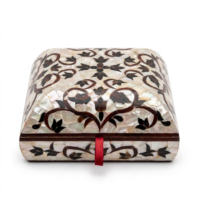 Square Mother of Pearl & Wood Inlay Jewellery Box — Floral Arabesque with Red Ribbon Pull