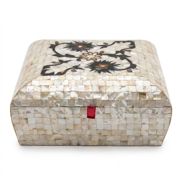 Square Mother of Pearl Jewellery Box — Ivory Shell Mosaic with Dark Floral Arabesque Lid