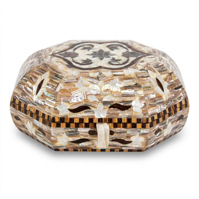Octagonal Mother of Pearl & Wood Inlay Jewellery Box — Velvet-Lined with Arabesque Lid