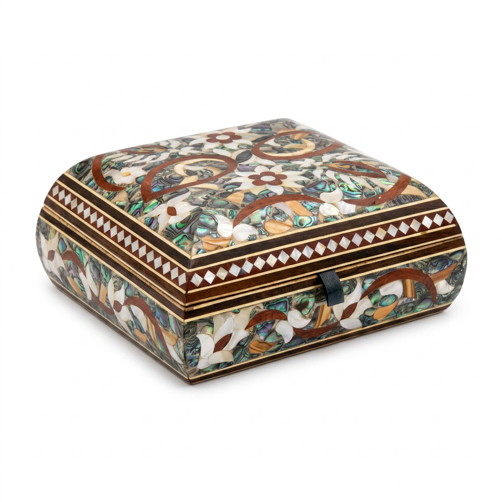 Square Abalone & Mother of Pearl Jewellery Box — Polychrome Floral Arabesque with Diamond Border
