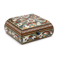 Square Abalone & Mother of Pearl Jewellery Box — Polychrome Floral Arabesque with Diamond Border