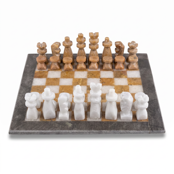 Full Marble Chess Set — White & Honey Marble Board with Hand-Carved Marble Pieces, Full Set
