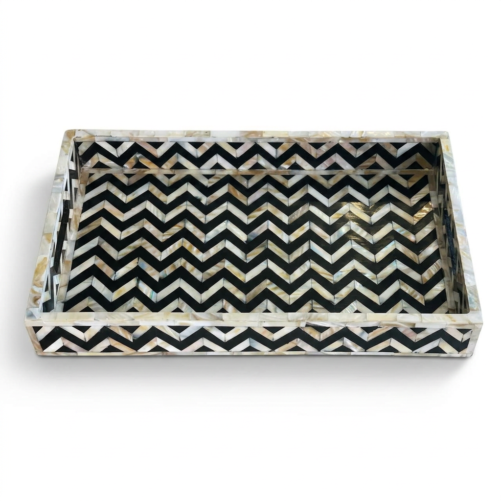 Mother of Pearl & Resin Serving Tray — Iridescent Chevron Herringbone on Black Ground