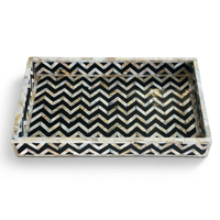 Mother of Pearl & Resin Serving Tray — Iridescent Chevron Herringbone on Black Ground