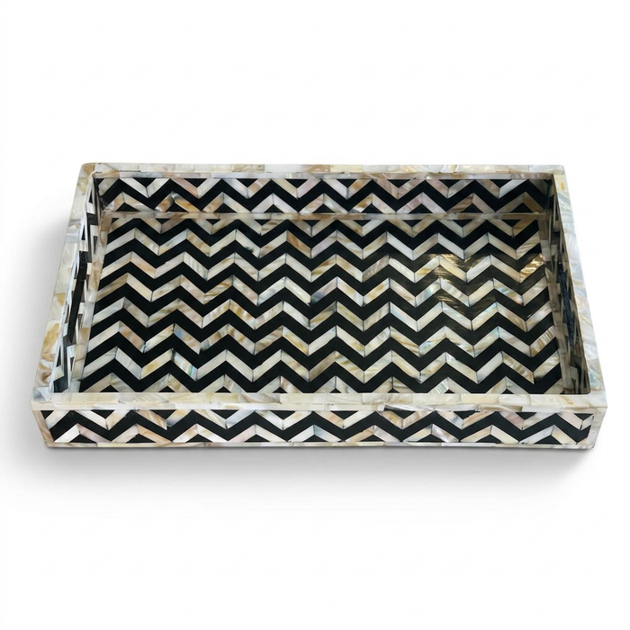 Mother of Pearl & Resin Serving Tray — Iridescent Chevron Herringbone on Black Ground