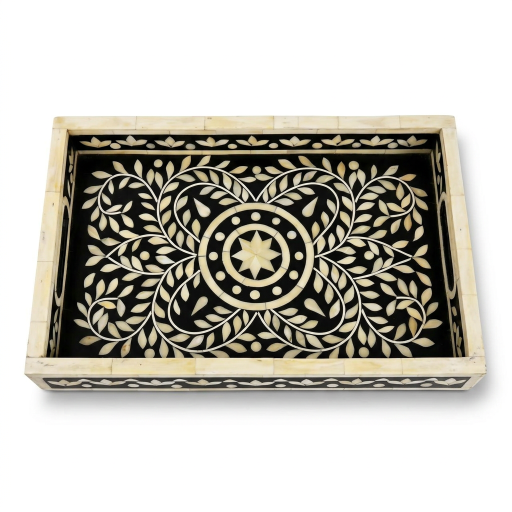 Camel Bone & Resin Inlay Serving Tray — Floral Medallion with Leaf Sprays on Dark Ground