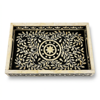 Camel Bone & Resin Inlay Serving Tray — Floral Medallion with Leaf Sprays on Dark Ground