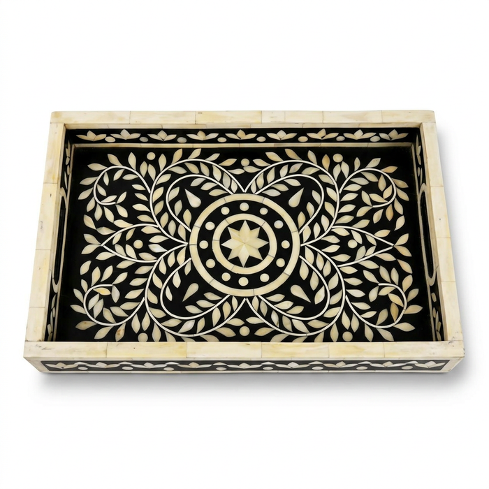 Camel Bone & Resin Inlay Serving Tray — Floral Medallion with Leaf Sprays on Dark Ground