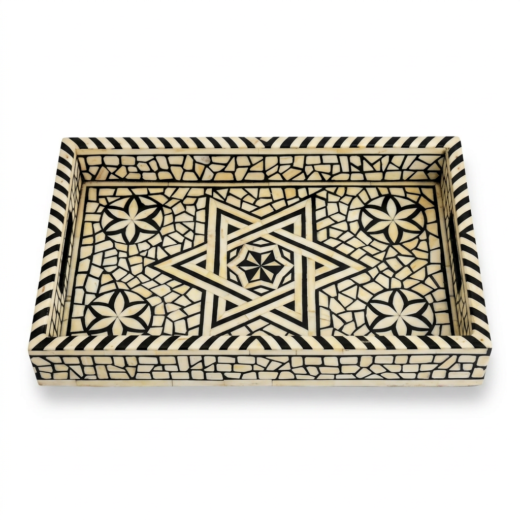 Camel Bone & Resin Inlay Serving Tray — Star Medallion with Petal Rosettes & Striped Border