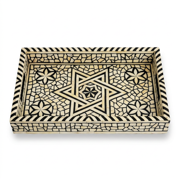 Camel Bone & Resin Inlay Serving Tray — Star Medallion with Petal Rosettes & Striped Border