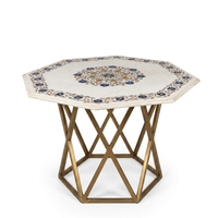 Indian Octagonal Side Table — Pietra Dura Marble Top on Geometric Brass Base
