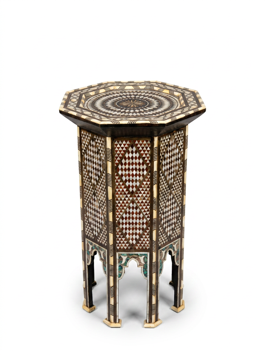 Syrian Octagonal Side Table — Camel Bone, Mother of Pearl & Wood with Ottoman Tughra Medallion