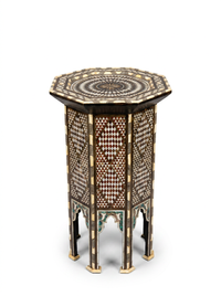 Syrian Octagonal Side Table — Camel Bone, Mother of Pearl & Wood with Ottoman Tughra Medallion