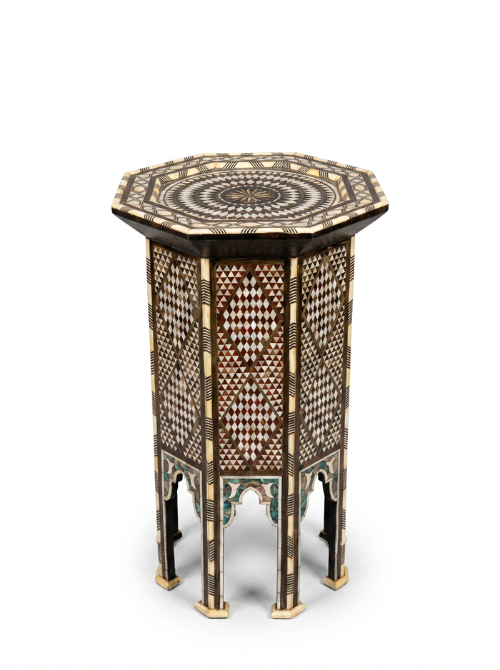 Syrian Octagonal Side Table — Camel Bone, Mother of Pearl & Wood with Ottoman Tughra Medallion
