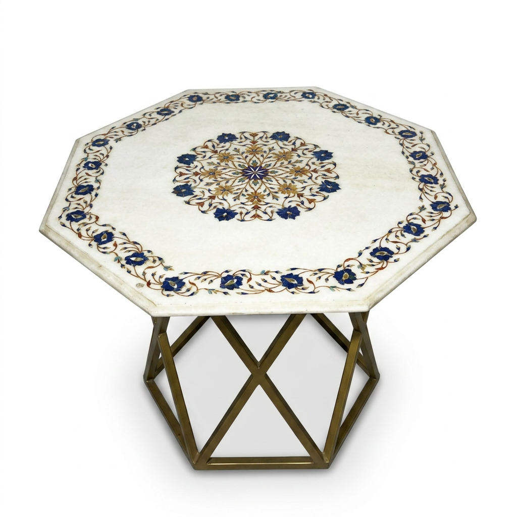 Indian Octagonal Side Table — Pietra Dura Marble Top on Geometric Brass Base