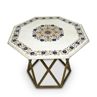 Indian Octagonal Side Table — Pietra Dura Marble Top on Geometric Brass Base