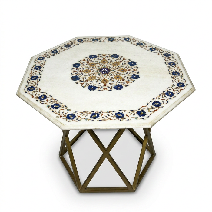 Indian Octagonal Side Table — Pietra Dura Marble Top on Geometric Brass Base