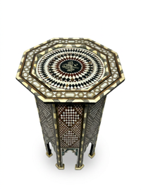 Syrian Octagonal Side Table — Camel Bone, Mother of Pearl & Wood with Ottoman Tughra Medallion