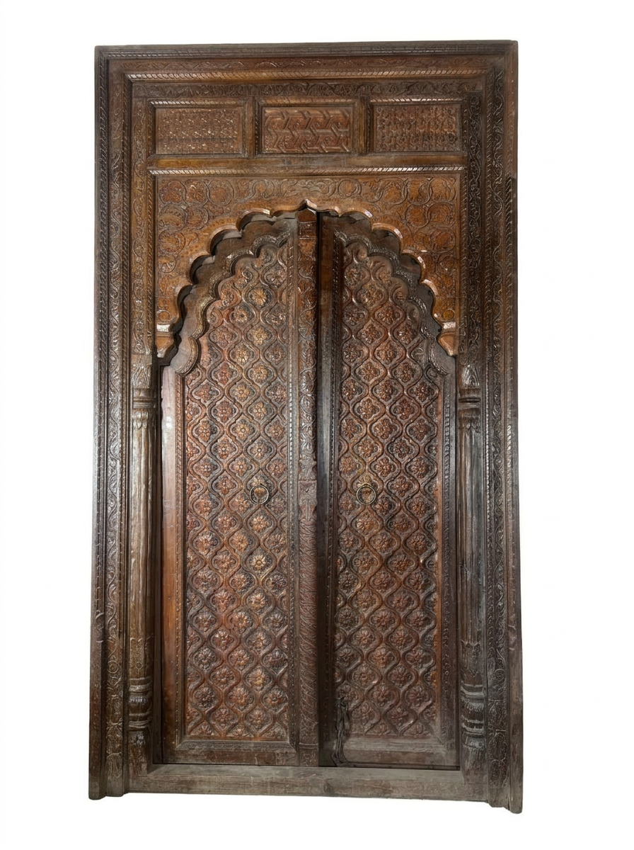 Antique Hand-Carved Wooden Door — Full Floral Lattice with Moorish Arch