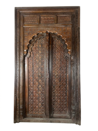 Antique Hand-Carved Wooden Door — Full Floral Lattice with Moorish Arch