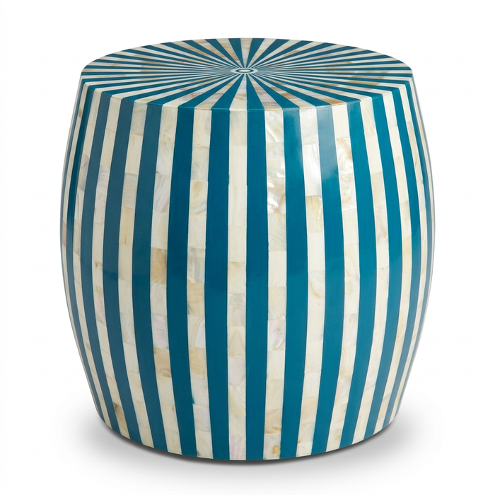 Mother of Pearl & Resin Drum Stool — Teal & Ivory Radial Stripe
