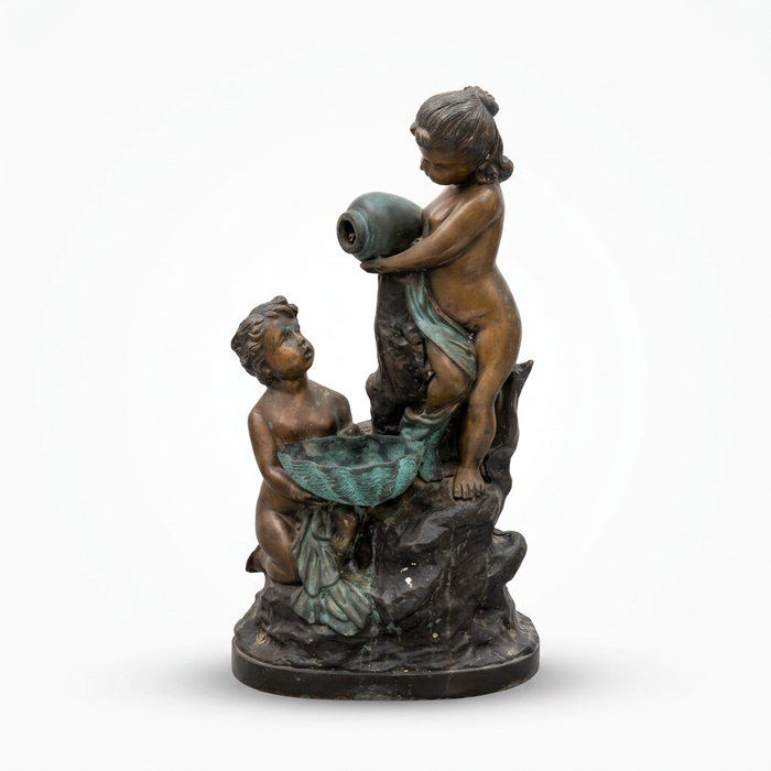 Bronze Figural Sculpture — Two Putti with Urn & Shell Basin