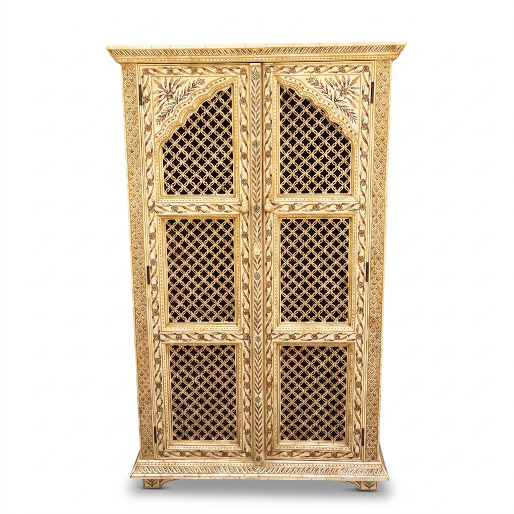 Camel Bone Inlaid Cabinet — Pierced Lattice Doors with Hand-Painted Floral Panels