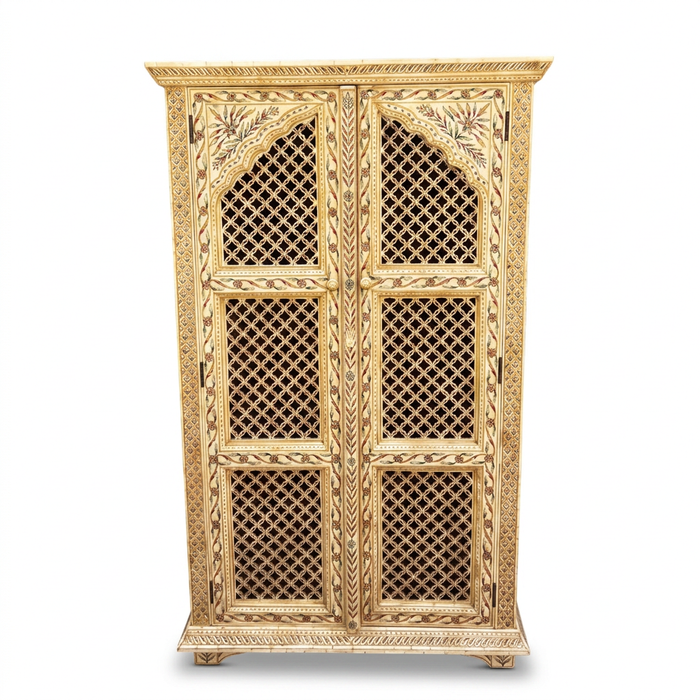 Camel Bone Inlaid Cabinet — Pierced Lattice Doors with Hand-Painted Floral Panels