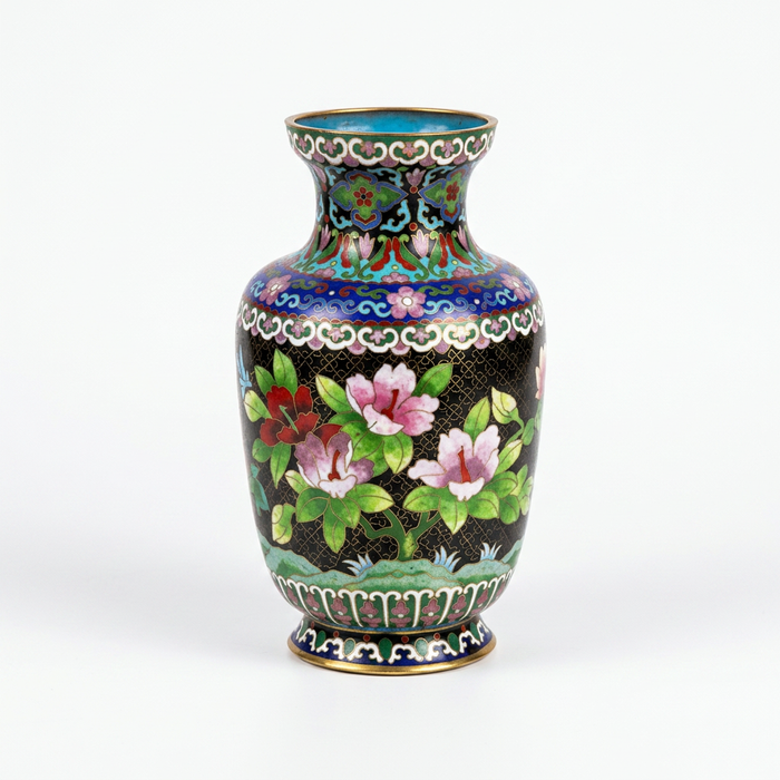 Cloisonné Enamel Vase — Ebony Ground with Peony Bouquet & Polychrome Floral Bands — Set of 2