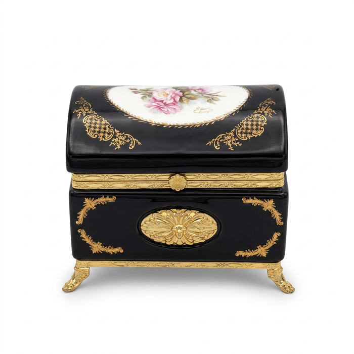 Porcelain Jewellery Box — Cobalt Ground with Hand-Painted Rose Medallion & Gilt Mounts