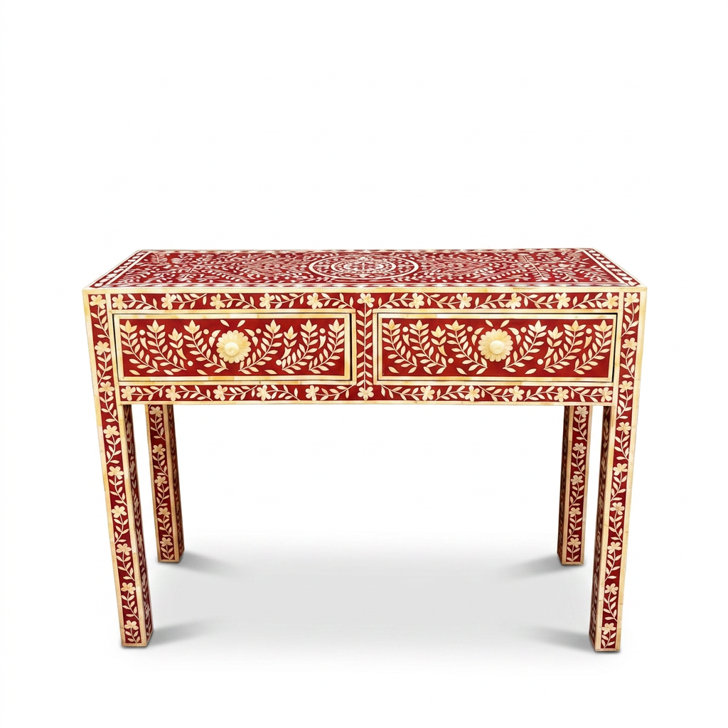 Camel Bone & Resin Console Table — Crimson Ground with Floral Vine & Medallion Inlay