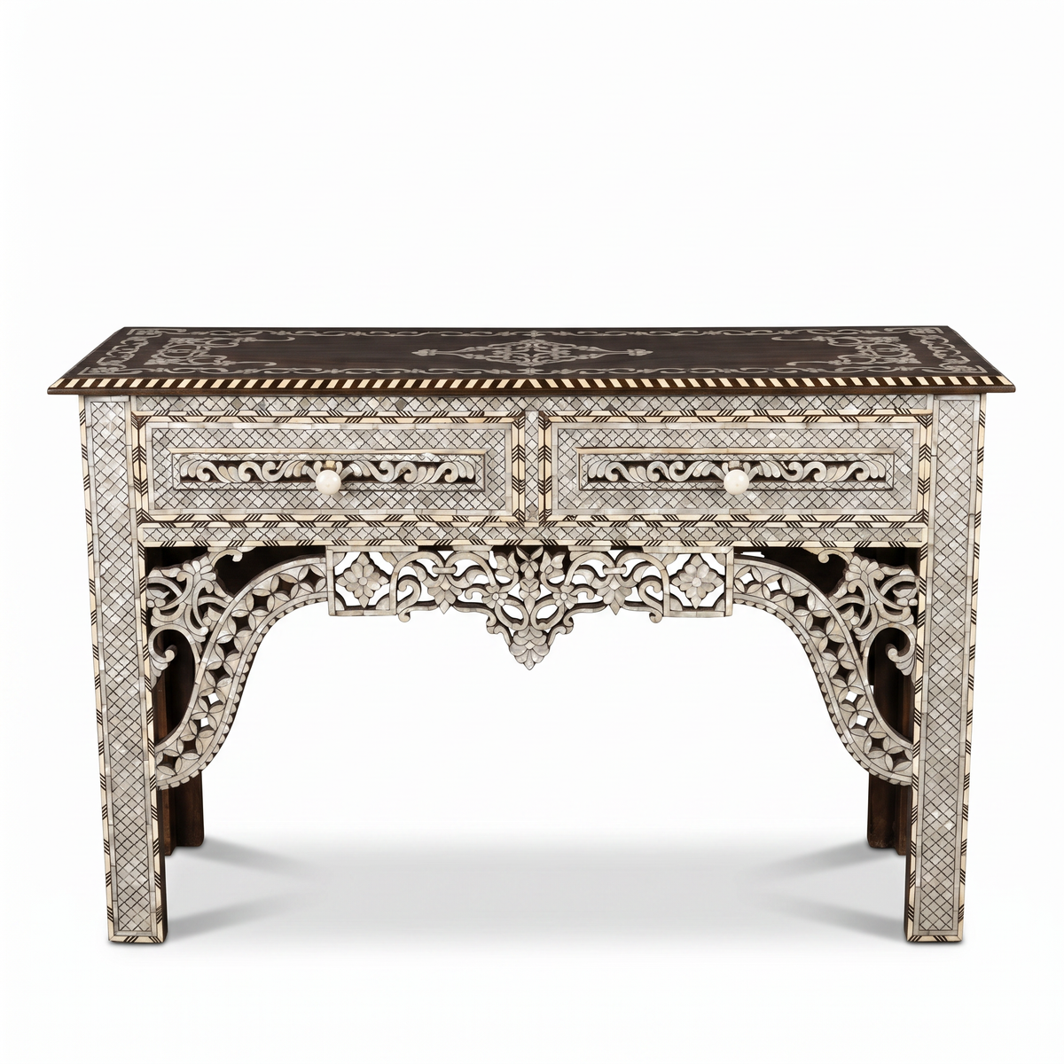 Mother of Pearl, Camel Bone & Wood Console Table — Geometric Mosaic with Pierced Moorish Arch Apron