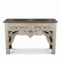 Mother of Pearl, Camel Bone & Wood Console Table — Geometric Mosaic with Pierced Moorish Arch Apron