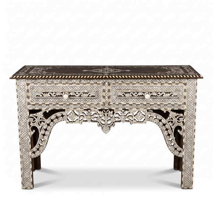 Mother of Pearl, Camel Bone & Wood Console Table — Geometric Mosaic with Pierced Moorish Arch Apron