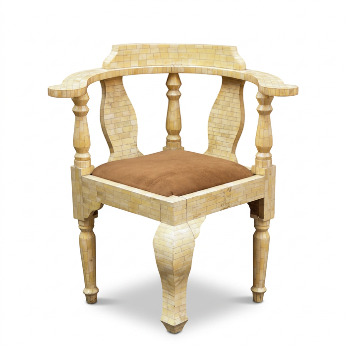 Camel Bone Inlaid Corner Armchair — Tessellated Ivory with Suede Seat & Turned Legs