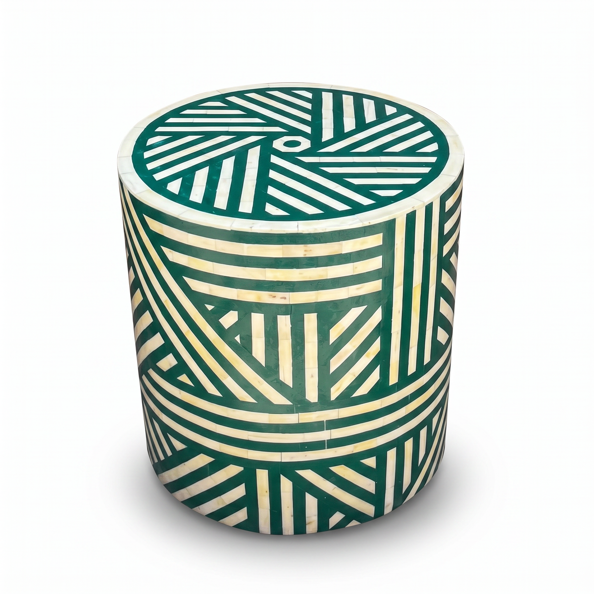 Camel Bone & Emerald Green Resin Drum Stool — Geometric Pinwheel