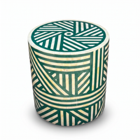 Camel Bone & Emerald Green Resin Drum Stool — Geometric Pinwheel