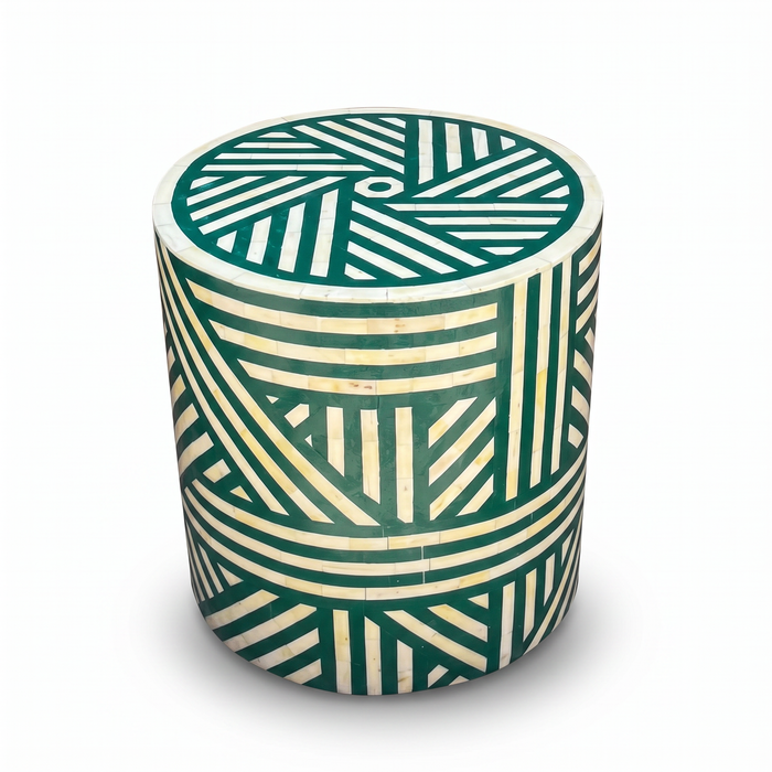 Camel Bone & Emerald Green Resin Drum Stool — Geometric Pinwheel
